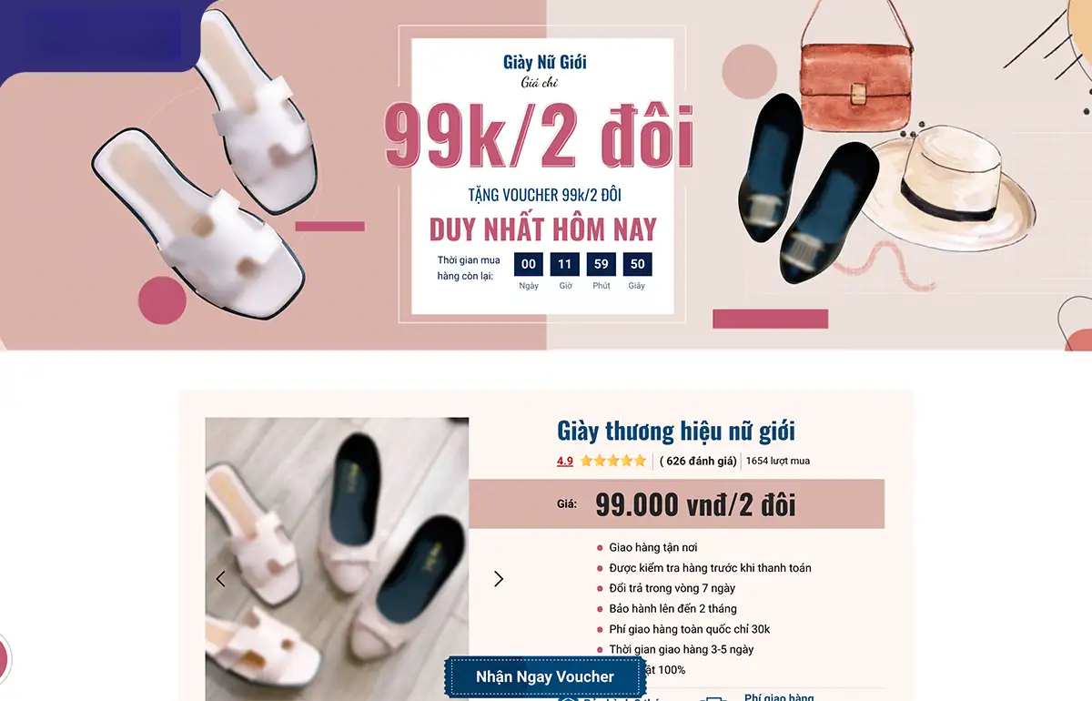 Landing page giày dép phải nhấn mạnh vào chất liệu